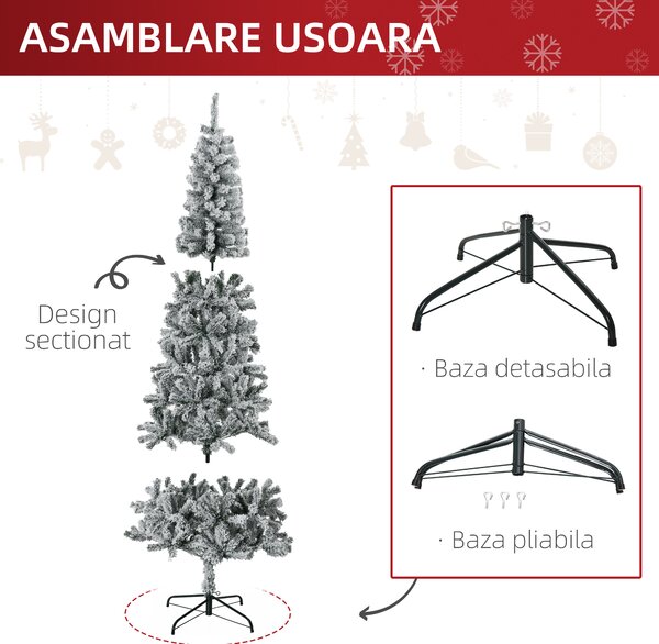 Brad de Craciun de 210cm Pin artificial acoperit cu plus alb cu 631 ramuri, baza pliabila detasabila HOMCOM | Aosom RO