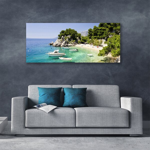 Tablou pe panza canvas Marea barca Rocks Beach Peisaj Albastru Alb Verde Gri