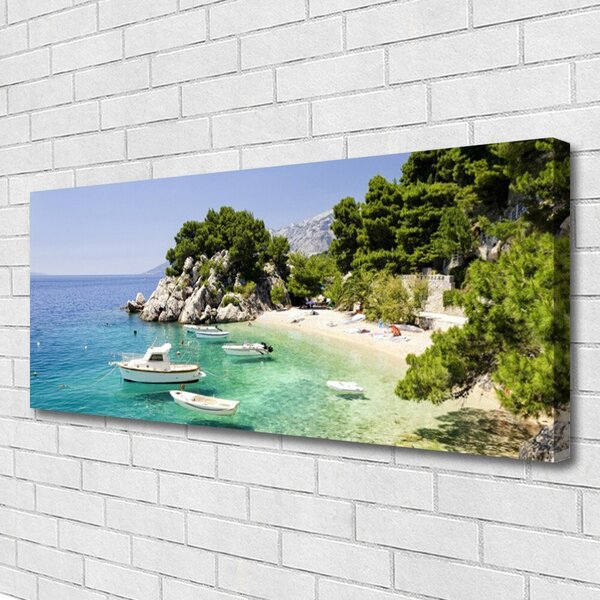 Tablou pe panza canvas Marea barca Rocks Beach Peisaj Albastru Alb Verde Gri