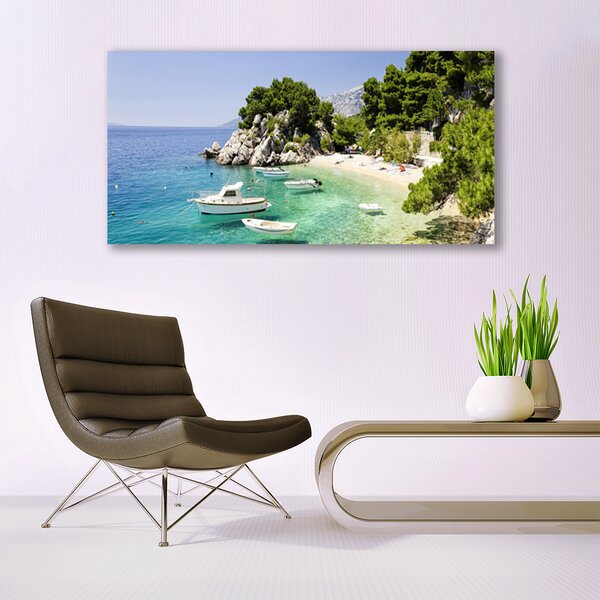 Tablou pe panza canvas Marea barca Rocks Beach Peisaj Albastru Alb Verde Gri