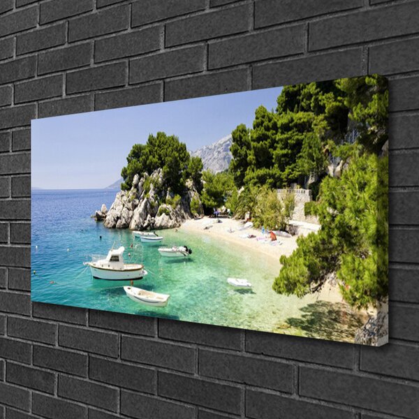 Tablou pe panza canvas Marea barca Rocks Beach Peisaj Albastru Alb Verde Gri
