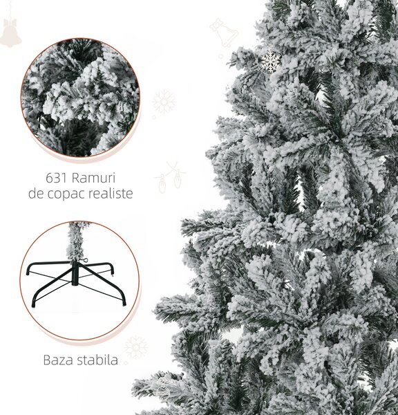 Brad de Craciun de 210cm Pin artificial acoperit cu plus alb cu 631 ramuri, baza pliabila detasabila HOMCOM | Aosom RO