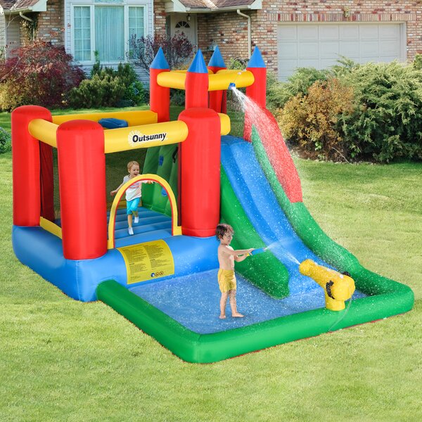 Outsunny Set de Joacă Gonflabil pentru Copii, Tobogan, Trambulină, Piscină, Pistol Apă, 330x245x215cm, Colorat | Aosom Romania