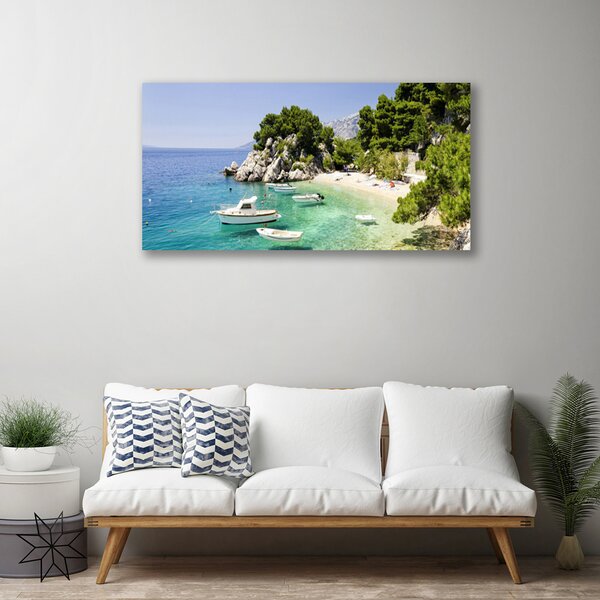 Tablou pe panza canvas Marea barca Rocks Beach Peisaj Albastru Alb Verde Gri