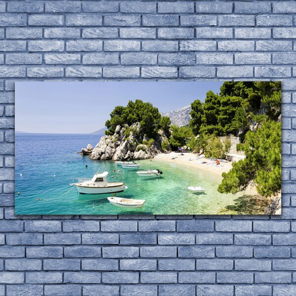 Tablou pe panza canvas Marea barca Rocks Beach Peisaj Albastru Alb Verde Gri