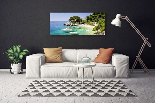 Tablou pe panza canvas Marea barca Rocks Beach Peisaj Albastru Alb Verde Gri