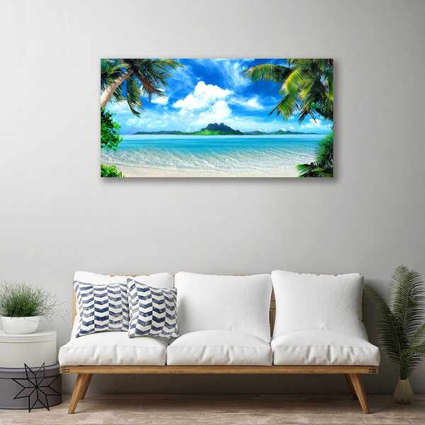 Tablou pe panza canvas Palm Sea peisaj copac Maro Verde Albastru