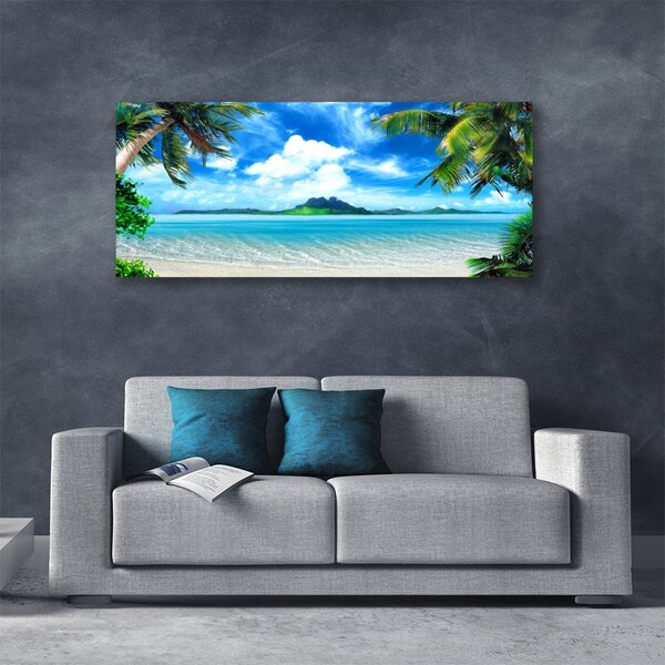 Tablou pe panza canvas Palm Sea peisaj copac Maro Verde Albastru