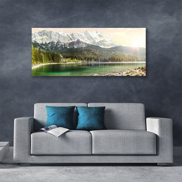 Tablou pe panza canvas Mountain Lake Forest Peisaj Alb Gri Verde