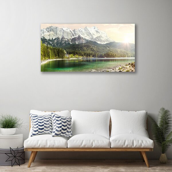 Tablou pe panza canvas Mountain Lake Forest Peisaj Alb Gri Verde