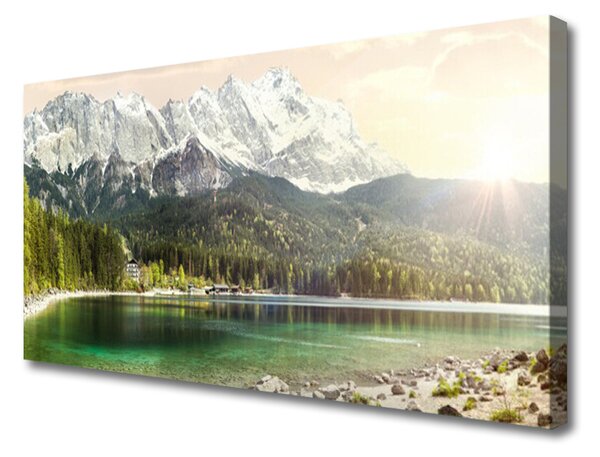 Tablou pe panza canvas Mountain Lake Forest Peisaj Alb Gri Verde