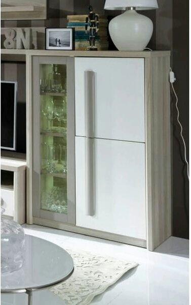Comoda ROMA 2A, alb/stejar, PAL/PVC/sticla, 90x43x130 cm
