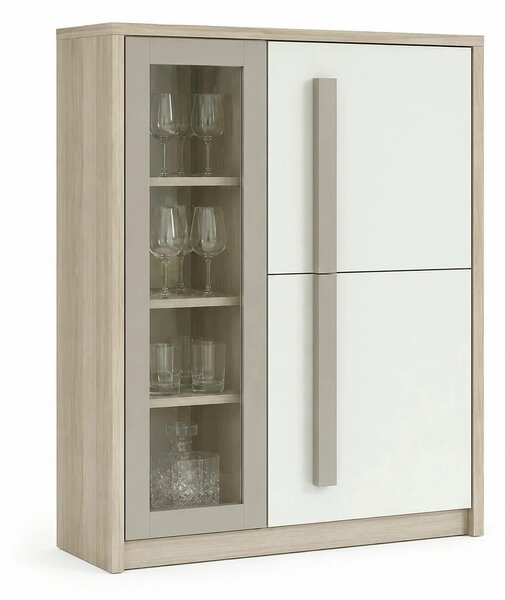 Comoda ROMA 2A, alb/stejar, PAL/PVC/sticla, 90x43x130 cm