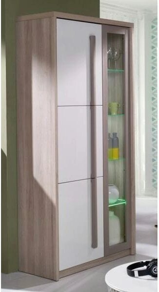 Vitrina living moderna ROMA 2, stejar Ferrara/alb lucios/gri mat, PAL/