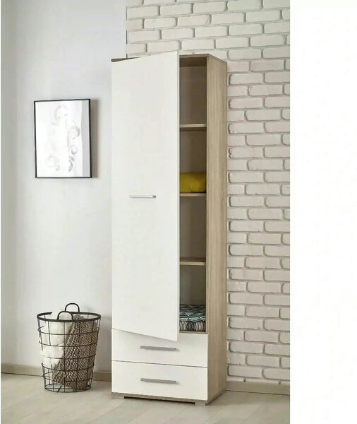Dulap LIMA REG1, alb/stejar sonoma, PAL laminat, cu o usa si 2 sertare