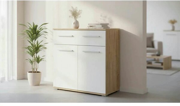 Comoda LIMA KM1, alb/stejar sonoma, PAL, 77x40x82 cm