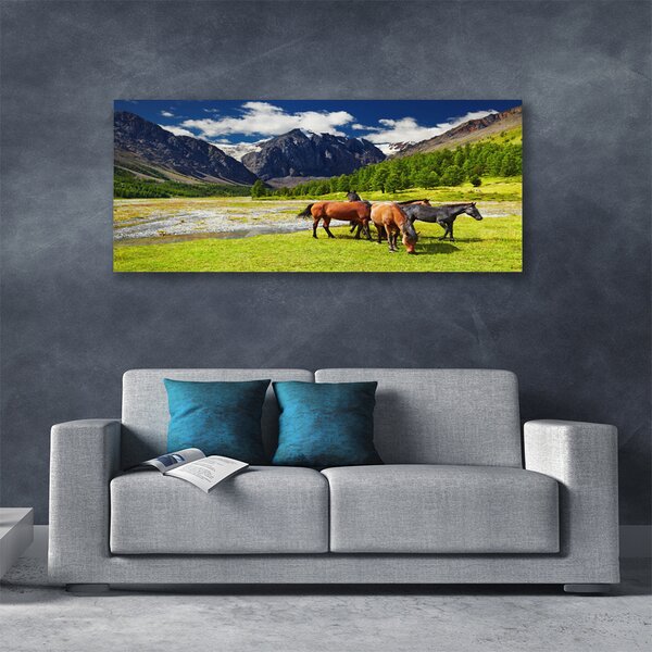 Tablou pe panza canvas Munte Copaci Cai Animale Gri Verde Maro Negru