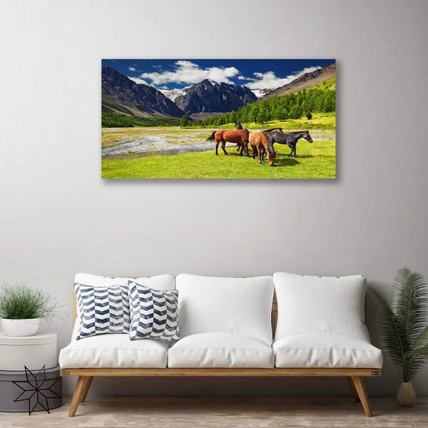 Tablou pe panza canvas Munte Copaci Cai Animale Gri Verde Maro Negru