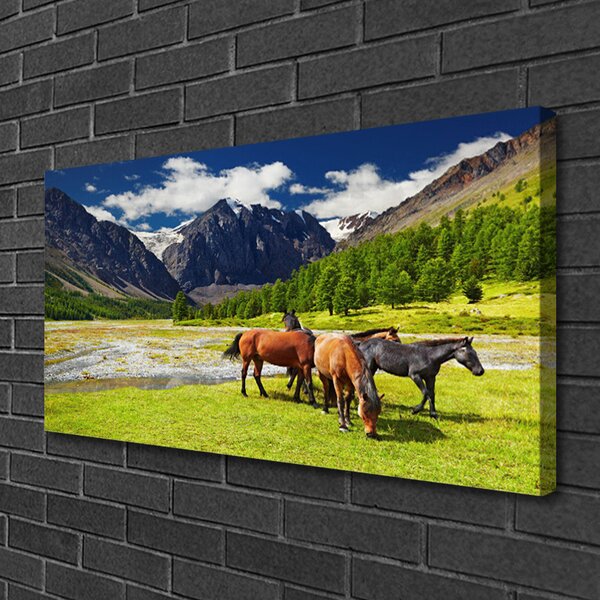 Tablou pe panza canvas Munte Copaci Cai Animale Gri Verde Maro Negru