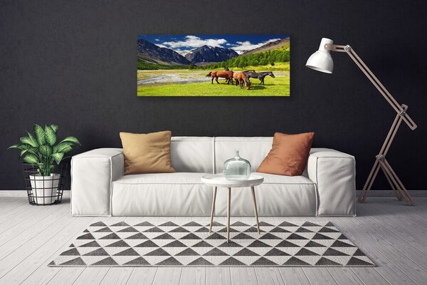 Tablou pe panza canvas Munte Copaci Cai Animale Gri Verde Maro Negru