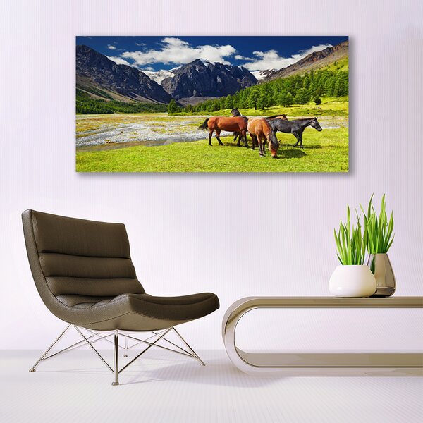 Tablou pe panza canvas Munte Copaci Cai Animale Gri Verde Maro Negru