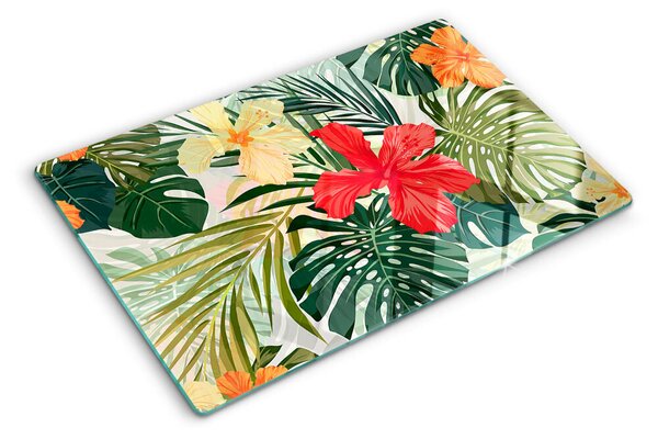 Tocător din sticlă Flori și frunze tropicale