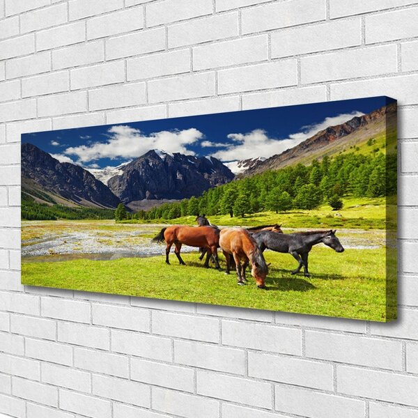 Tablou pe panza canvas Munte Copaci Cai Animale Gri Verde Maro Negru