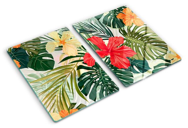 Tocător din sticlă Flori și frunze tropicale