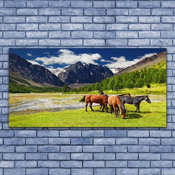 Tablou pe panza canvas Munte Copaci Cai Animale Gri Verde Maro Negru