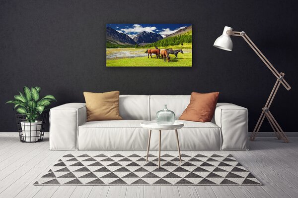 Tablou pe panza canvas Munte Copaci Cai Animale Gri Verde Maro Negru