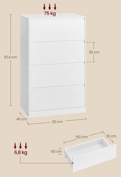 Comoda cu sertare, Lidia, Alb, 40x60x97.4 cm