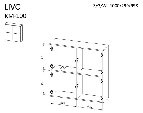 Dulap LIVO KM100, alb, cu 4 usi, 100x29x100 cm