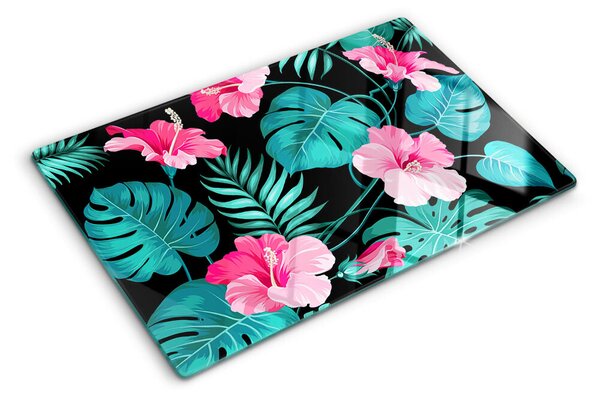 Tocător din sticlă Flori și frunze tropicale