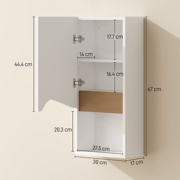 HOMCOM Dulap Suspendat pentru Baie cu Raft Deschis și Dulăpior Soft Close, Dulap cu Poliță Reglabilă, Spațiu de Depozitare Pe Perete, 30x17x67 cm, Alb și Lemn Natural | Aosom Romania
