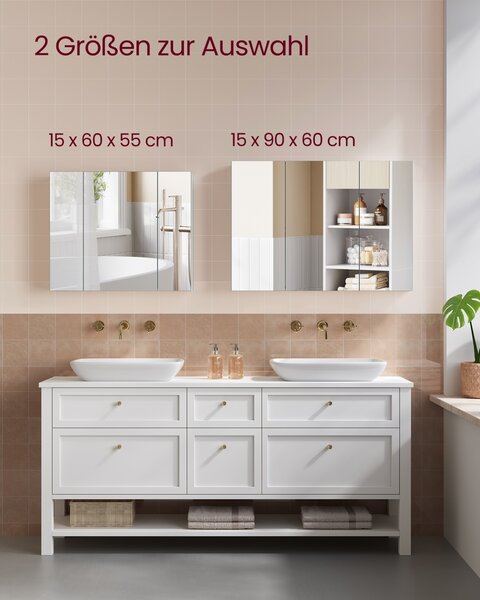 Dulap baie cu oglinda, Tiago, Alb, 90x15x60 cm
