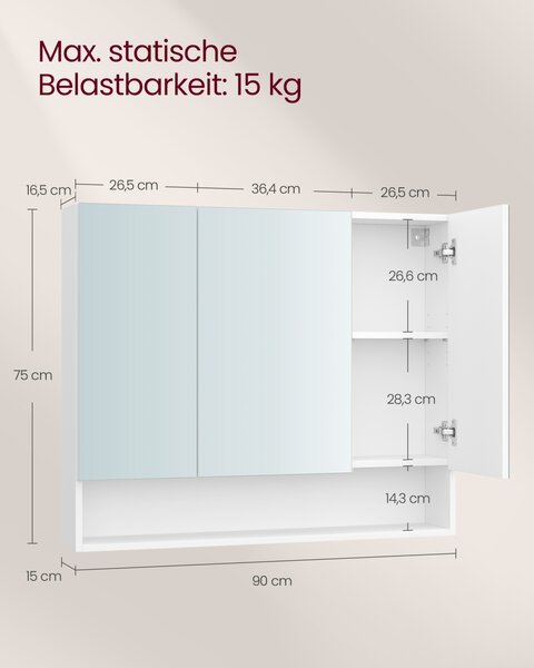 Dulap baie cu oglinda, Tiago, Alb, 90x75x16.5 cm