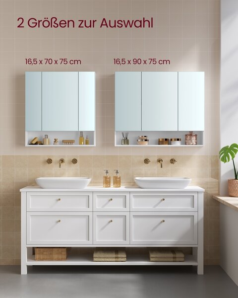 Dulap baie cu oglinda, Tiago, Alb, 90x75x16.5 cm
