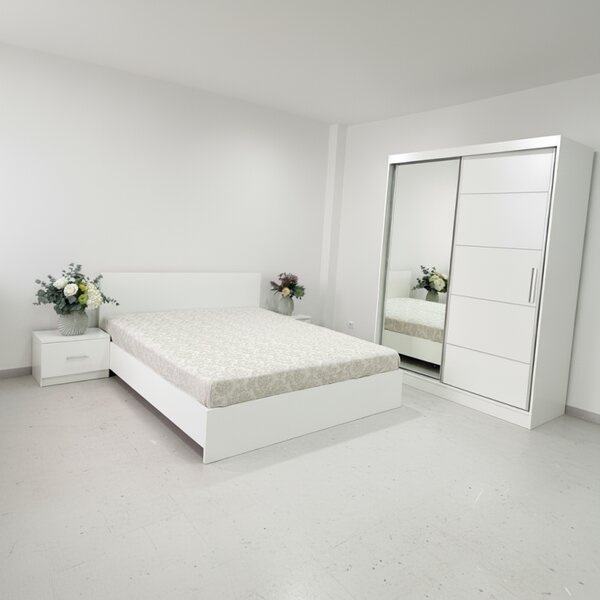 Dormitor Albania Alb cu Pat Matrimonial Alb 160 cm x 200 cm , Dulap Usi Glisante Alb 150 cm x 200 cm si Noptiere Albe