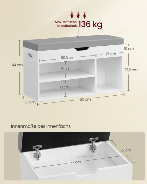 Pantofar bancheta cu depozitare, Tino, Alb, 80x60x44 cm