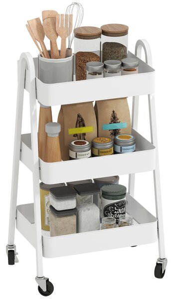 HOMCOM Cărucior de Bucătărie cu 3 Niveluri, Roți Pivotante, Mânere și Frâne, 42,4x29,8x74,5 cm, Alb | Aosom Romania