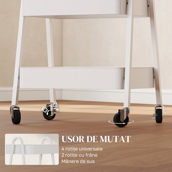 HOMCOM Cărucior de Bucătărie cu 3 Niveluri, Roți Pivotante, Mânere și Frâne, 42,4x29,8x74,5 cm, Alb | Aosom Romania