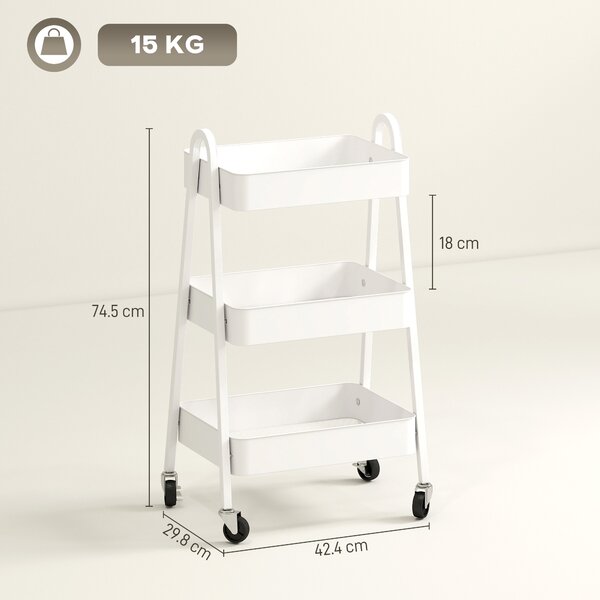 HOMCOM Cărucior de Bucătărie cu 3 Niveluri, Roți Pivotante, Mânere și Frâne, 42,4x29,8x74,5 cm, Alb | Aosom Romania