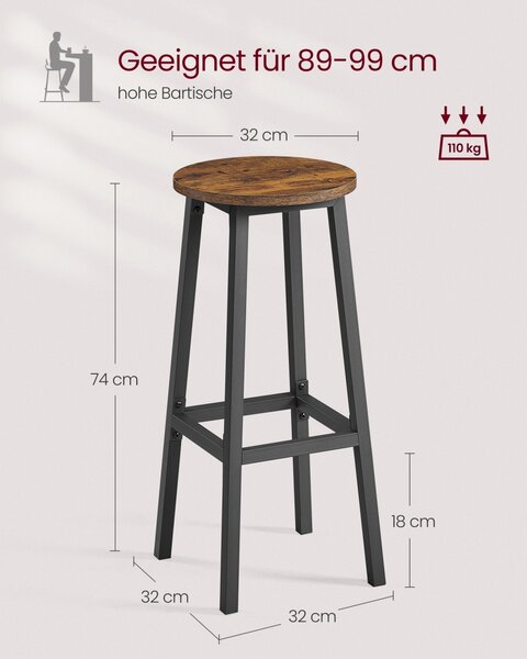Set 2 scaune de bar, Pietro, Maro, 32.5x32.5x74 cm