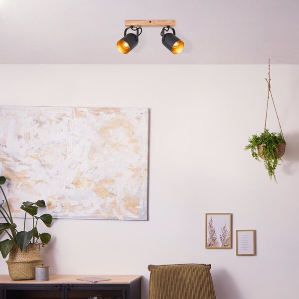 Brilliant Spot de plafon Tronte, lungime 37,5 cm, negru/auriu, 2 lumini., reglabil, Negru, Camera de zi / sufragerie, Metal