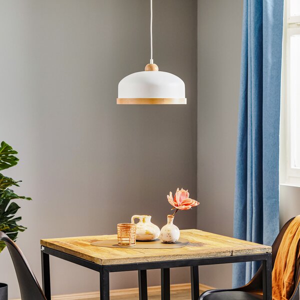 Eko-Light Lampă suspendată Studio cu decor din lemn, 1 bec, alb, reglabil, Alb, Camera de zi / sufragerie, Metal, Modern