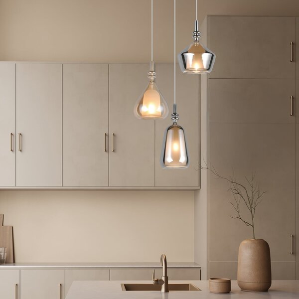 Trio Lighting Lampă suspendată Aldea, Ø 28 cm, alb/chihlimbar/crom, sticlă, 3 becuri., reglabil, Bej, Camera de zi / sufragerie, Sticlă