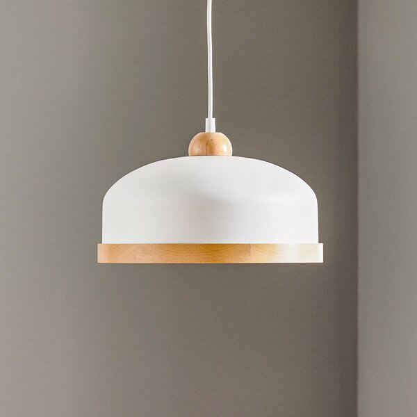 Eko-Light Lampă suspendată Studio cu decor din lemn, 1 bec, alb, reglabil, Alb, Camera de zi / sufragerie, Metal, Modern