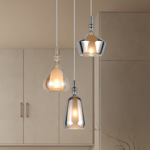 Trio Lighting Lampă suspendată Aldea, Ø 28 cm, alb/chihlimbar/crom, sticlă, 3 becuri., reglabil, Bej, Camera de zi / sufragerie, Sticlă