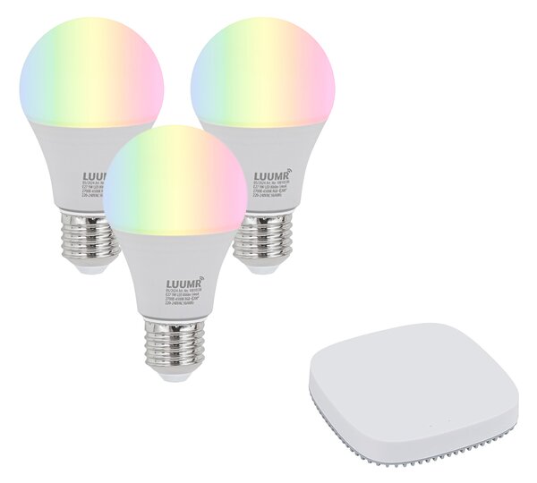 Set de 3 becuri LED inteligente E27, reglabile, A60, 9W, 806 lm, 2700K-6500K, inclusiv Zigbee Smart Hub