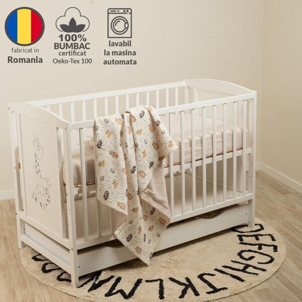 Paturica de vara cu doua fete din muselina 100x100 cm cm Kidizi Cuddly Buddies, bumbac 100%